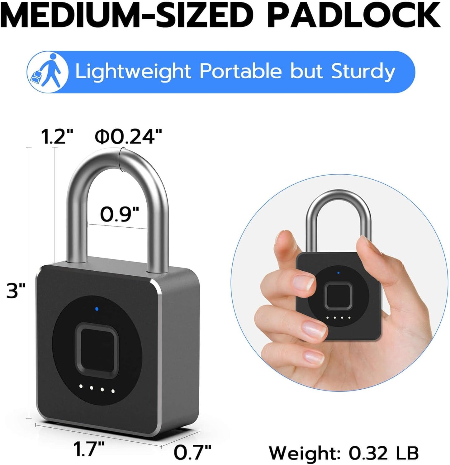 Fingerprint Gym Locker Lock, Keyless Biometric Padlock, Weatherproof Electronic Digital Bluetooth App Smart Combo Pad Lock for Outdoor Fence Gate School Locker Storage Pool Shed - Black